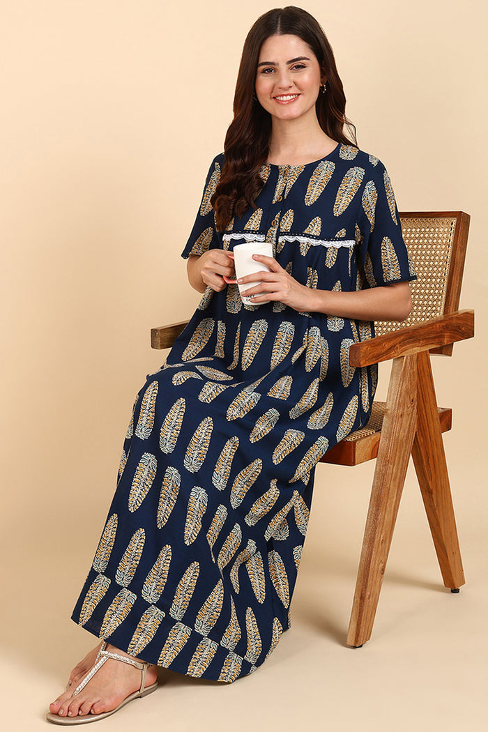 Navy Blue Printed 100% Soft Cotton Zipless Maternity Maxi for Pregnancy