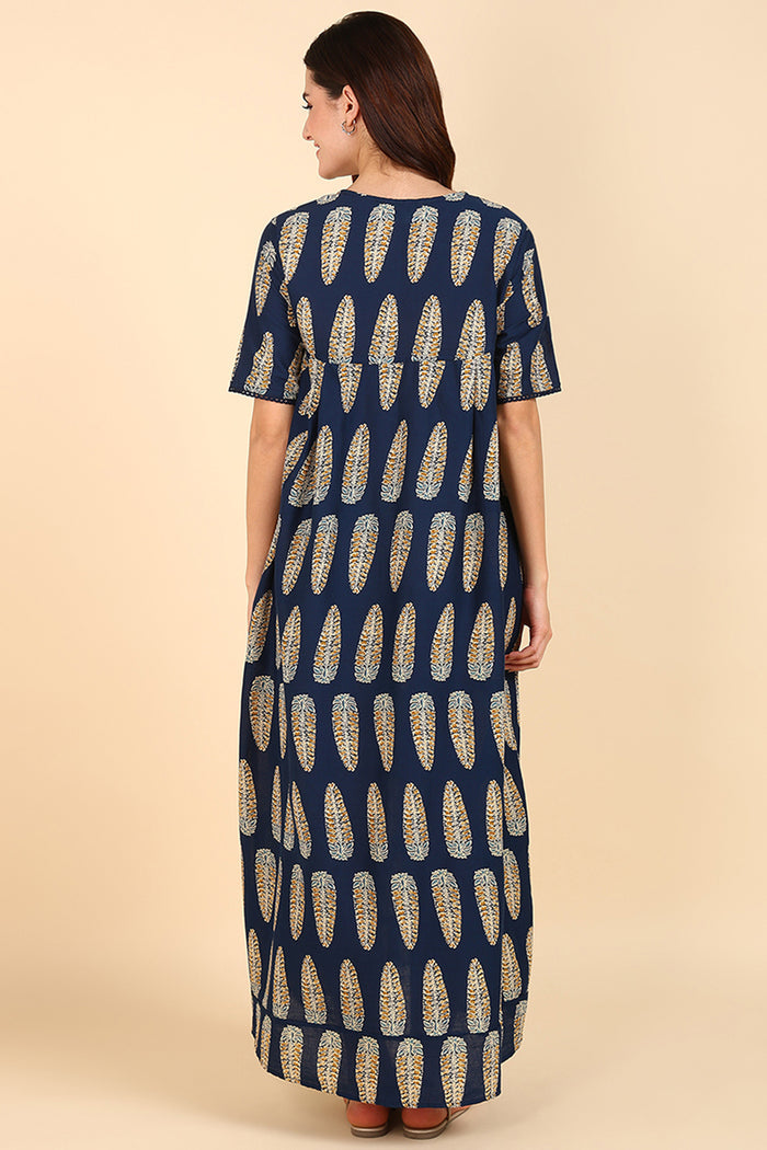 Maternity Pregnancy Navy Blue Printed 100% Soft Cotton Zipless Maternity Maxi
