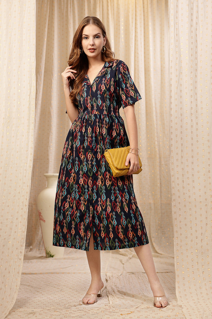 Navy Blue Zipless Maternity Lapel Dress with Pockets Front View - Blue Cotton Maternity Dress with Feeding Zips