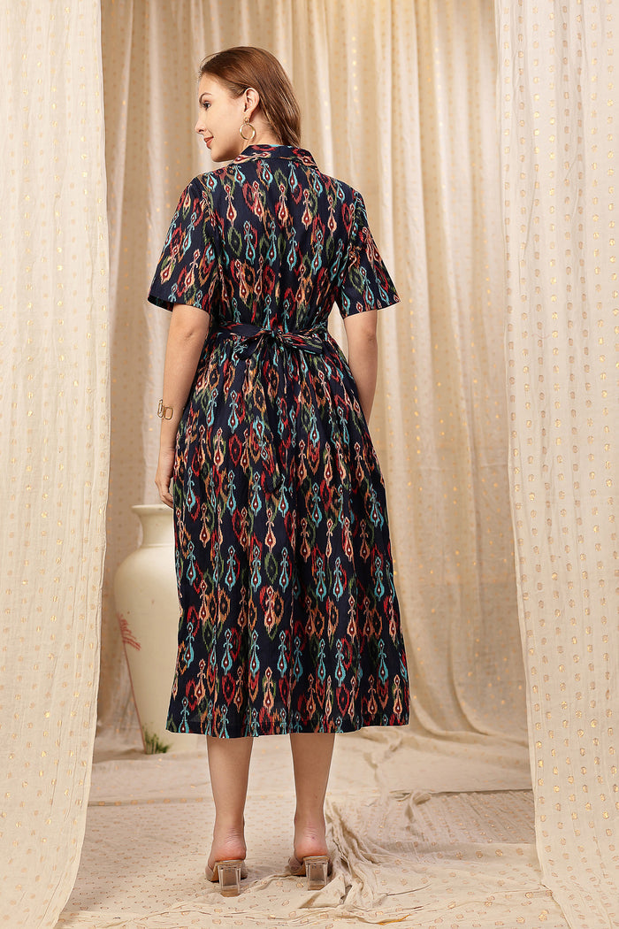 Close Up of Cotton Fabric Detail on Navy Blue Zipless Maternity Lapel Dress with Pockets