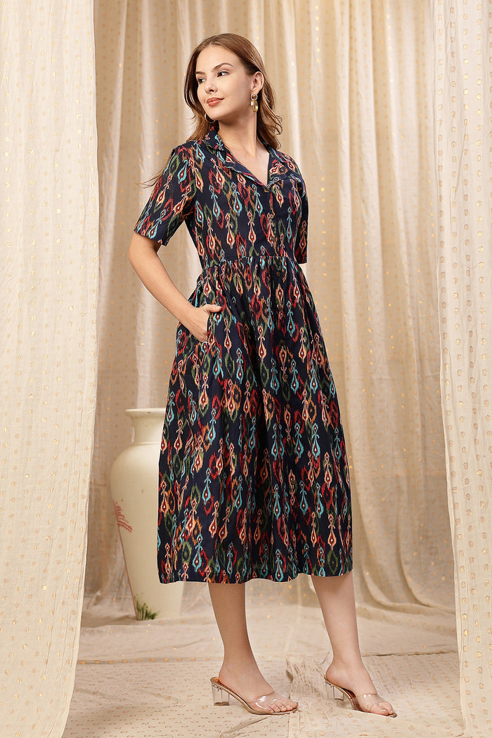 Soft Cotton Texture of Navy Blue Zipless Maternity Lapel Dress with Pockets - Breathable & Comfy