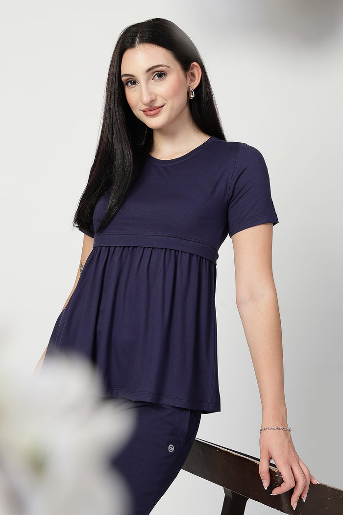 Navy Maternity Zipless Feeding Gathered Top in navy made with soft Viscose fabric.