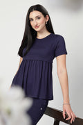 Navy Maternity Zipless Feeding Gathered Top in navy made with soft Viscose fabric.