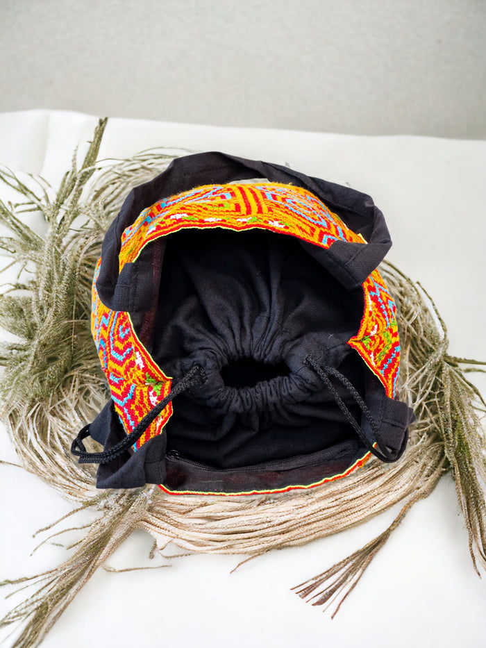 Neon blue and red embroidery shoulder bag with string to close