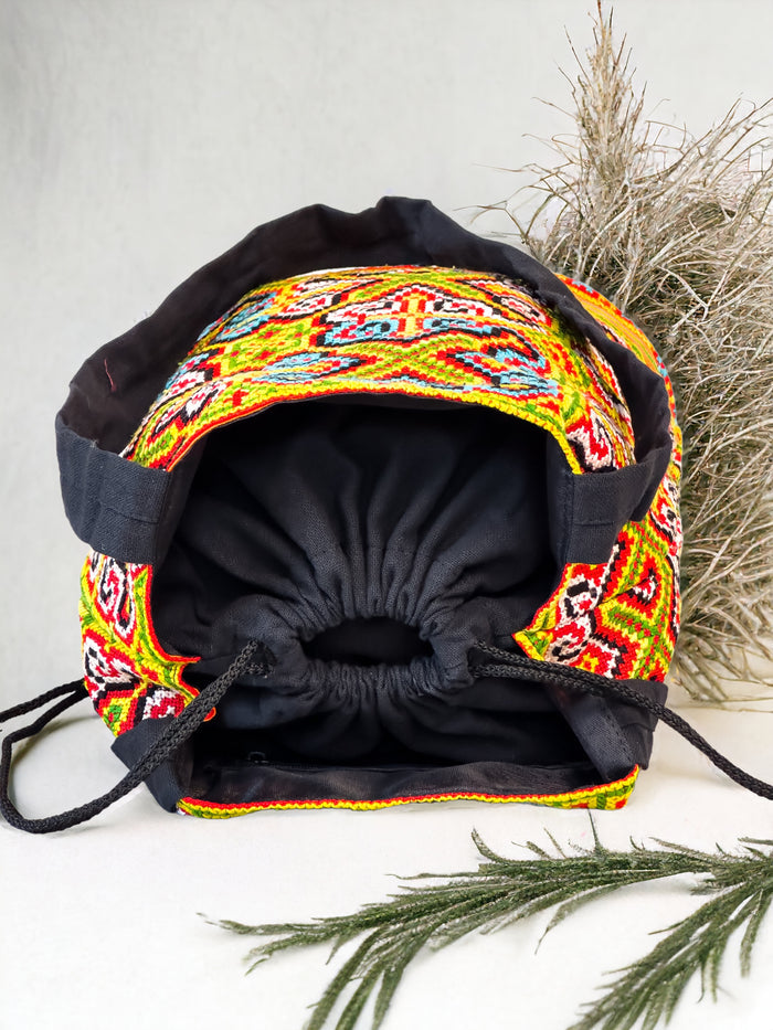 Neon blue and yellow embroidery shoulder bag with string to close