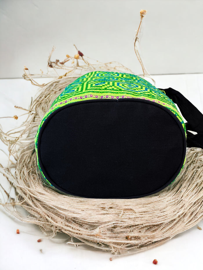 Neon green embroidery shoulder bag with string to close