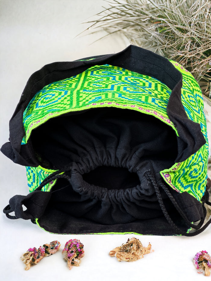 Neon green embroidery shoulder bag with string to close