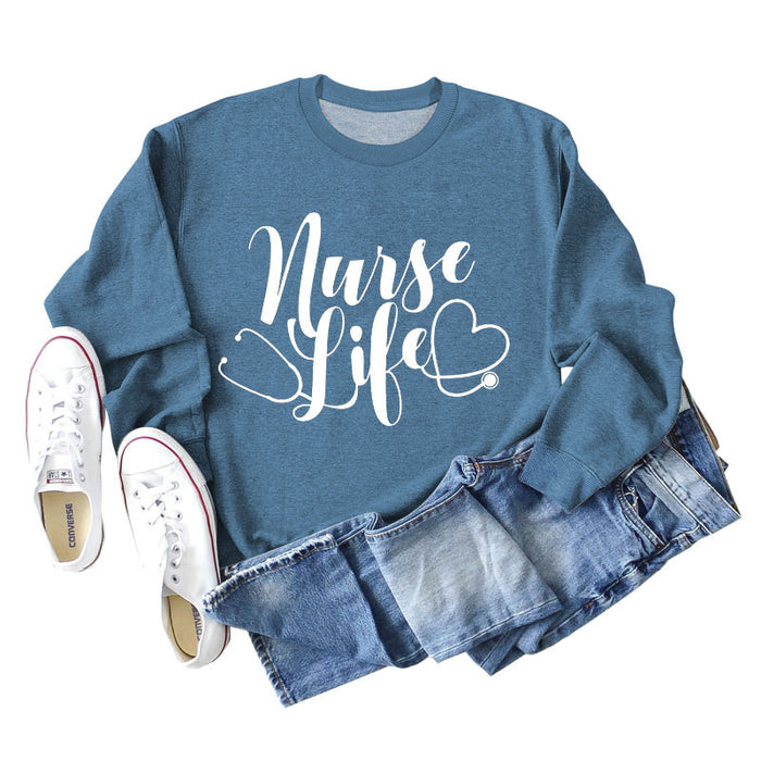 Blue sweater (white font) / S