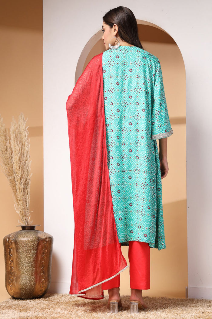 Side profile of the Ocean Oasis And Kurta Set, showing the smooth drape of the Rayon fabric.