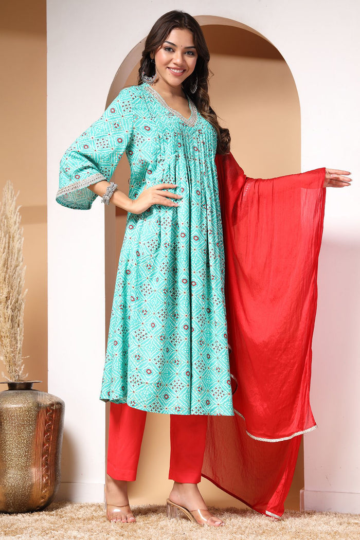 Model action shot of the Ocean Oasis And Kurta Set, demonstrating ease of movement and fit.
