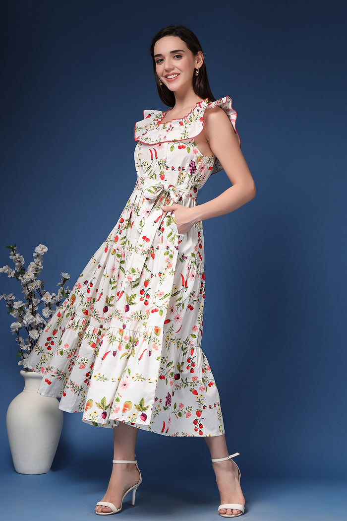 Woman wearing Off-Shoulder Cotton Maternity Feeding Dress in Multi - Pre & Post Pregnancy