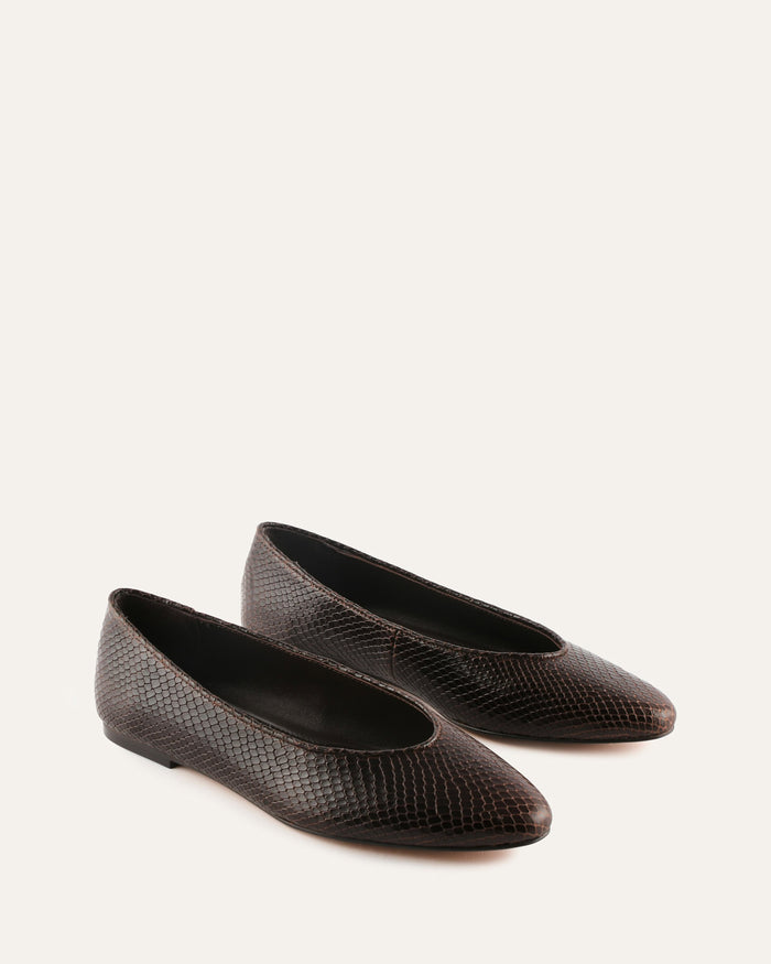 Pair of black textured flats on a white background