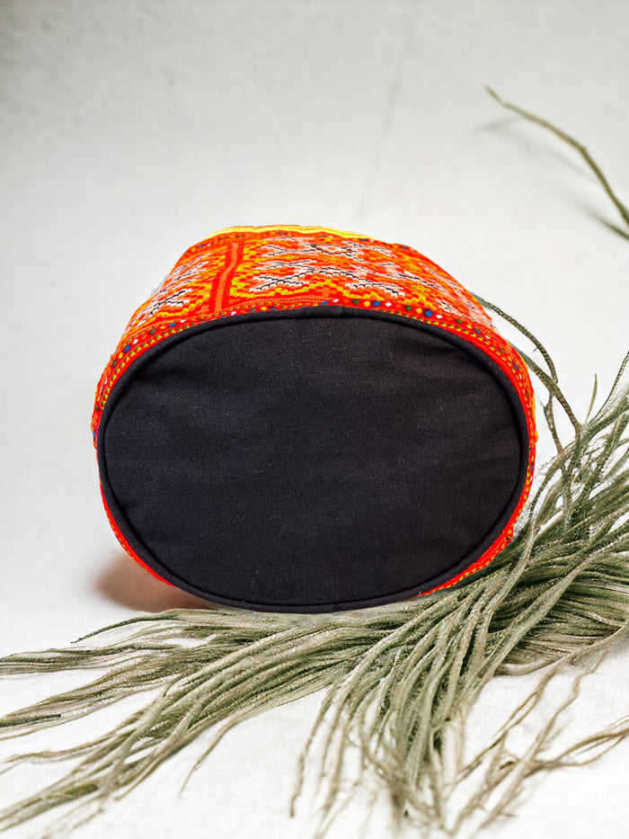 Orange embroidery shoulder bag with string to close