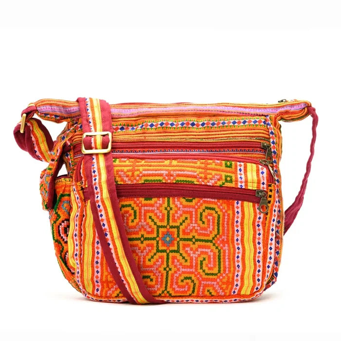 Vindigo shoulder bag orange linen tribal front view