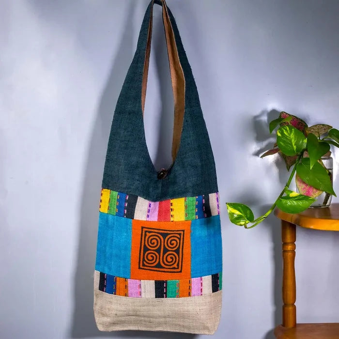 Vindigo shoulder bag teal hemp spiral patch full front hanging view