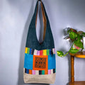 Vindigo shoulder bag teal hemp spiral patch full front hanging view