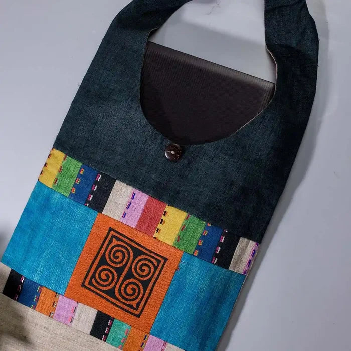 Vindigo shoulder bag teal hemp multicolor stripe with spiral patch front view