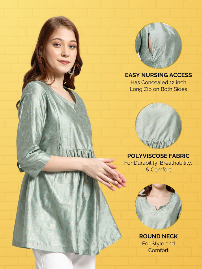 Pebble Grey Maternity Breastfeeding Short Top - Front view showing breathable fabric and practical nursing access.