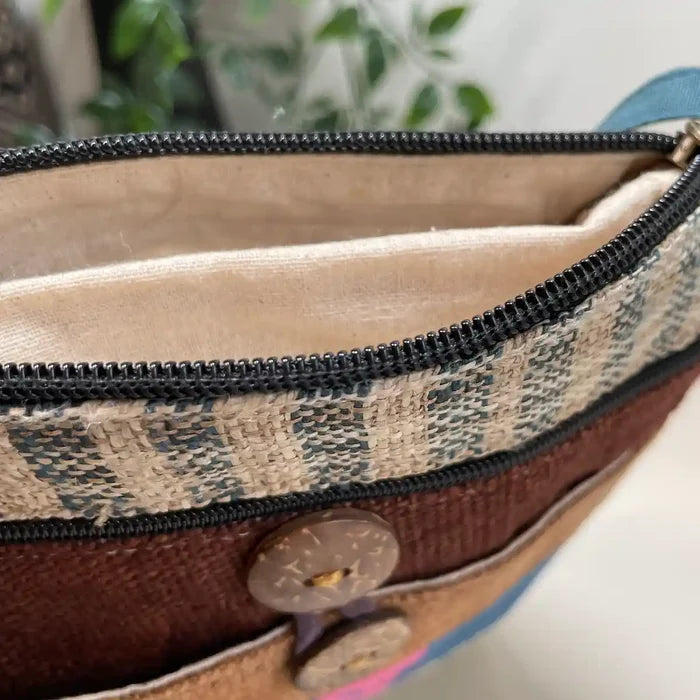 Pink pattern on indigo blue patch- Hemp crossbody bag