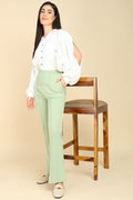 Pistachio Green Cotton Pants; pleated design provides style and comfortable fit for daily wear.