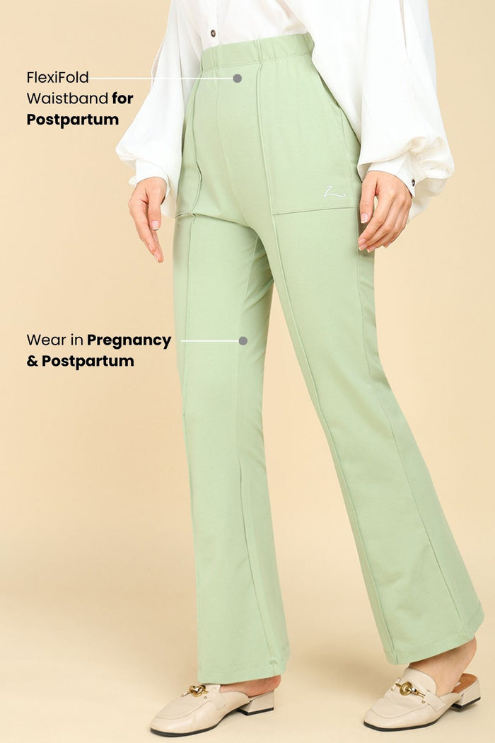 Pistachio Pants waistband; stretchy band ensures comfortable fit for growing abdomen.