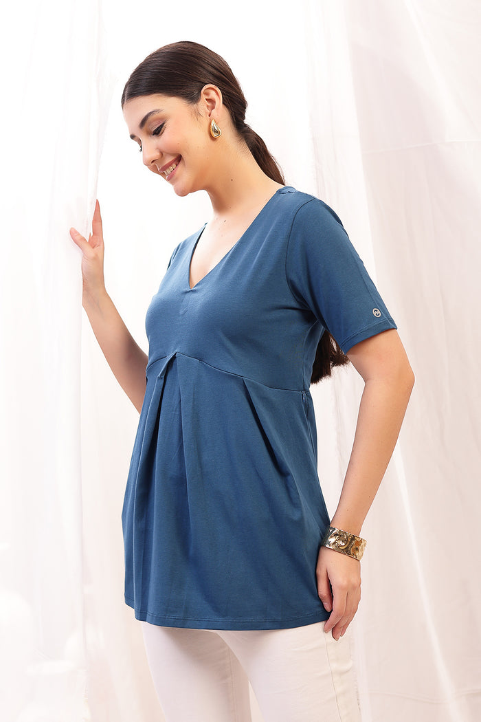 Smooth back view of airforce Maternity Tops showing silhouette for comfort.