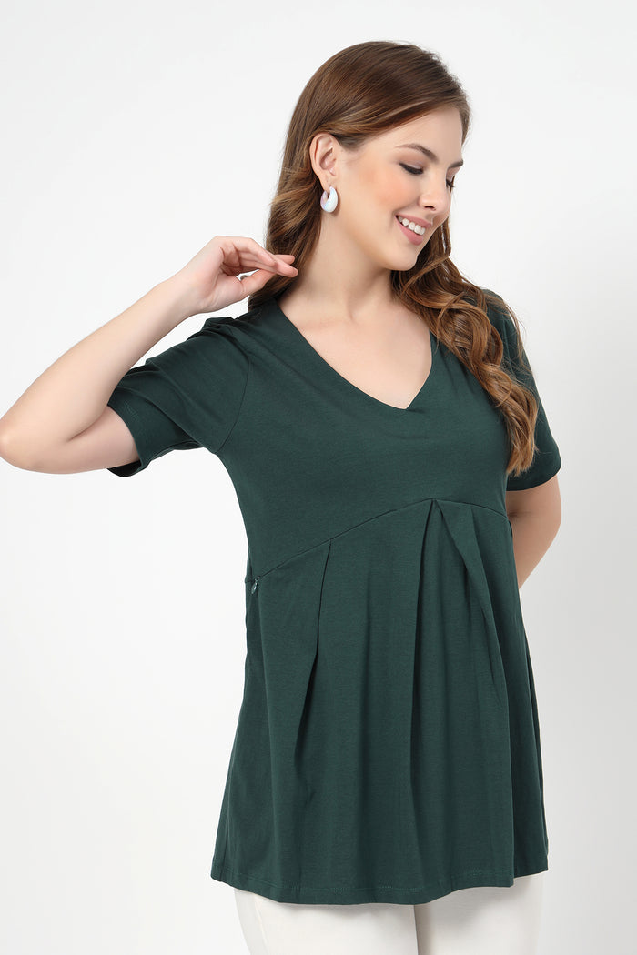 Interior view of Pleated Cotton Maternity Nursing Top - Bottle Green showing Zip.