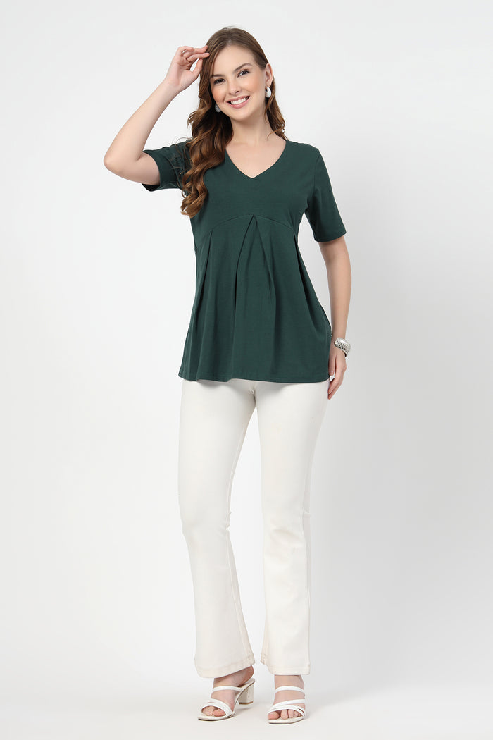 Alternate detail view of Pleated Cotton Maternity Nursing Top - Bottle Green in bottle-green, highlighting Zip.