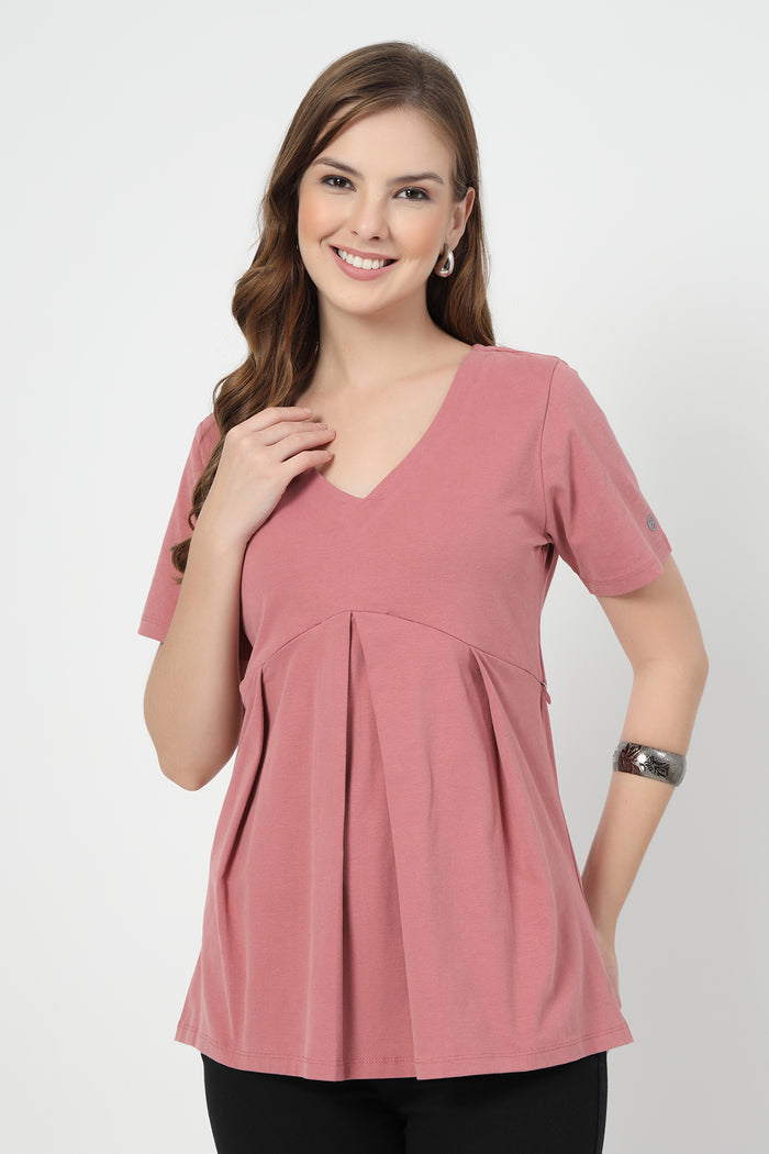 Pleated Cotton Maternity Nursing Top - Deep Salmon in pink made with soft Cotton fabric.