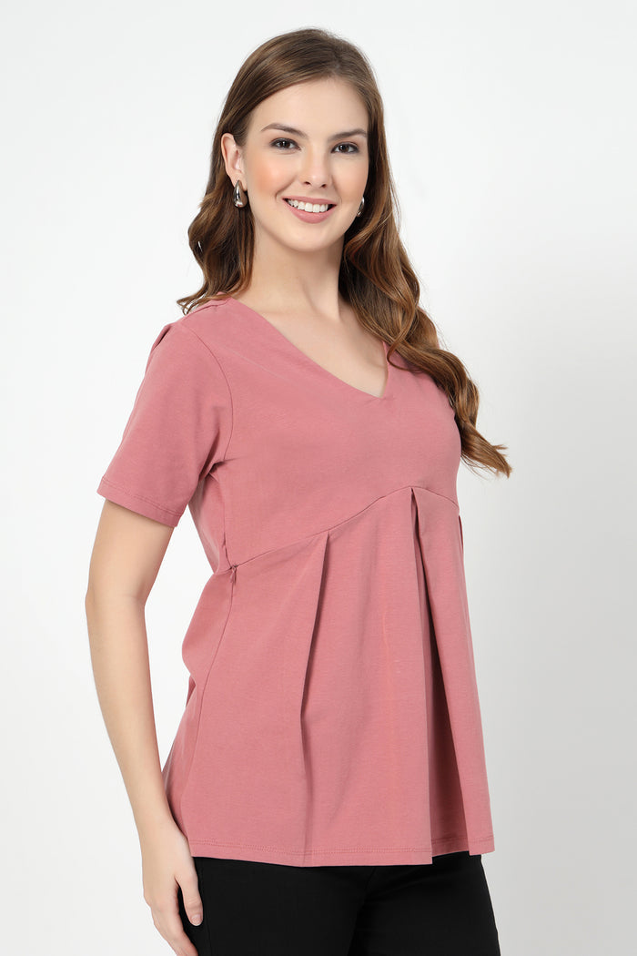 Interior view of Pleated Cotton Maternity Nursing Top - Deep Salmon showing Long Zip.