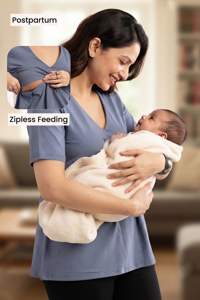 Pleated Cotton Maternity Nursing Top - Mist