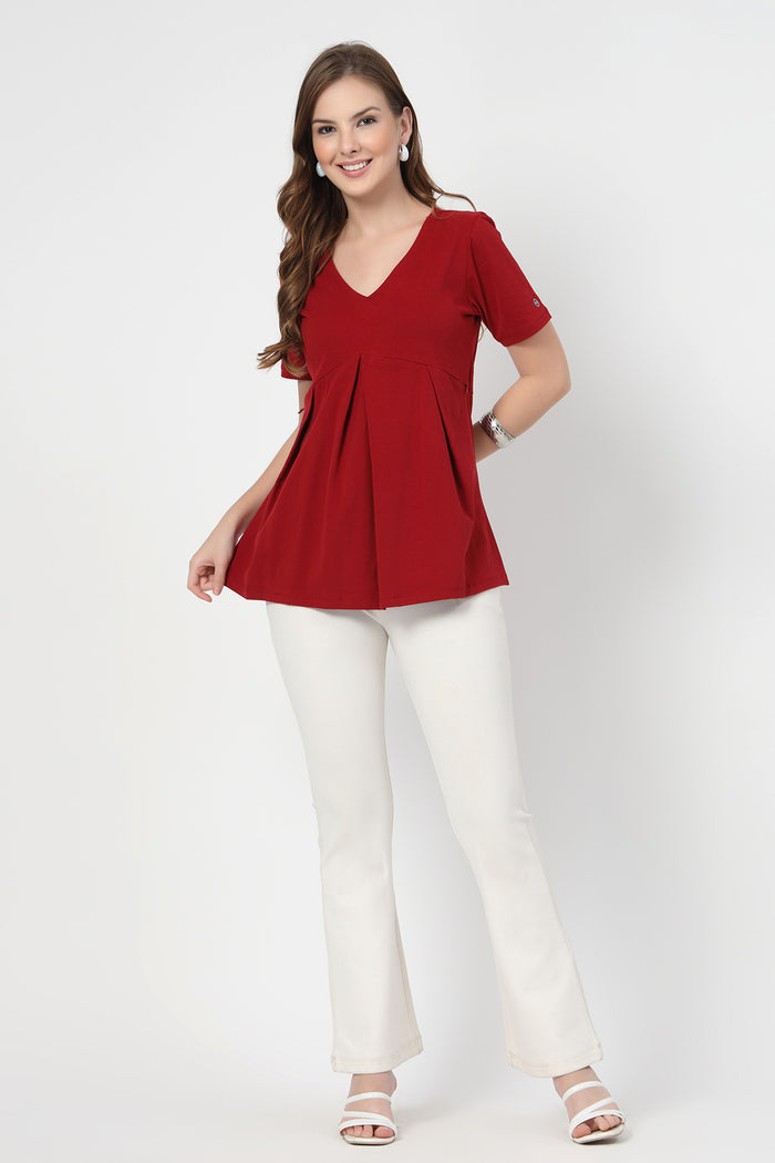 Side or angle view of Pleated Cotton Maternity Nursing Top - Red showing the Maternity Tops silhouette and fit.