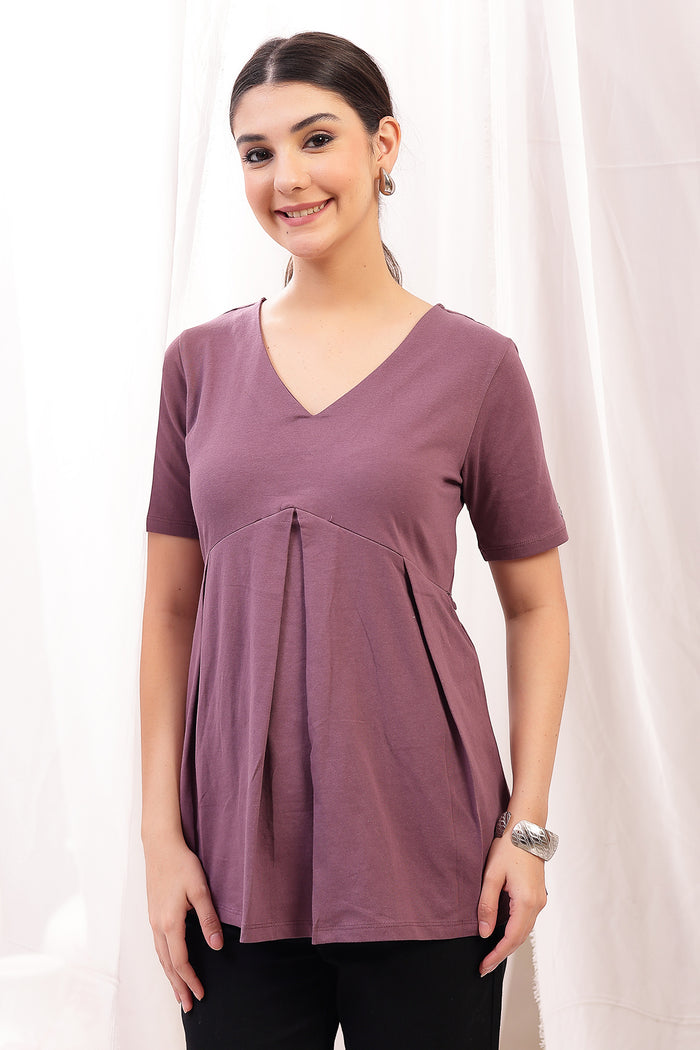 Pleated Cotton Maternity Nursing Top - Rosewood in rosewood made with soft Cotton fabric.