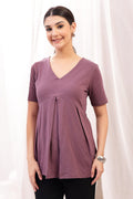 Pleated Cotton Maternity Nursing Top - Rosewood in rosewood made with soft Cotton fabric.