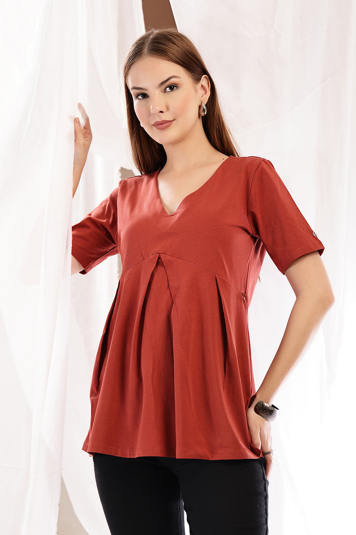 Pleated Cotton Maternity Nursing Top - Rust in rust made with soft Cotton fabric.