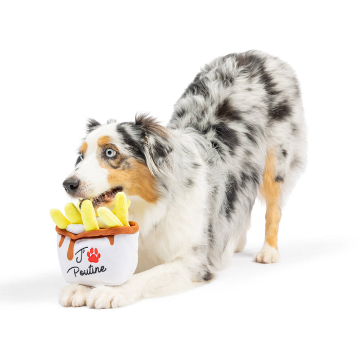 Dog playing with a poutine container plush toy.