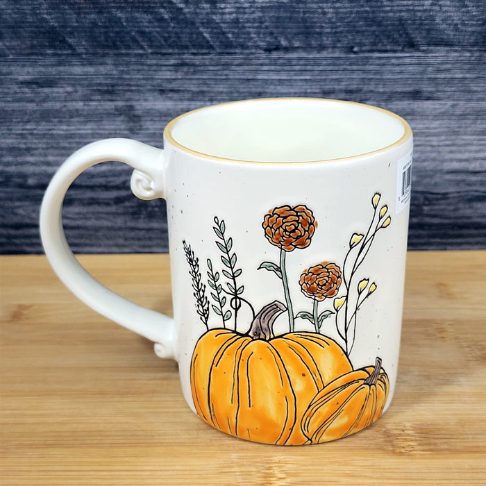 Pumpkin Harvest Autumn Coffee Mug Orange Floral Embossed Tea Cup 16oz Blue Sky