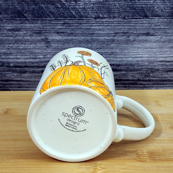 Pumpkin Harvest Autumn Coffee Mug Orange Floral Embossed Tea Cup 16oz Blue Sky