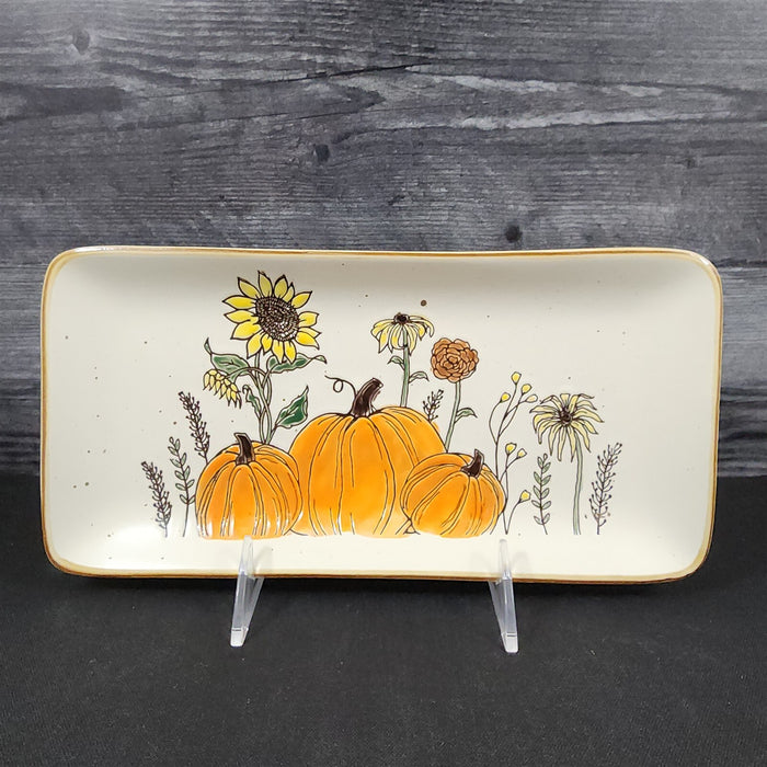 Pumpkin Sunflowers Serving Plate 10" Platter Blue Sky Tray Ceramic Embossed