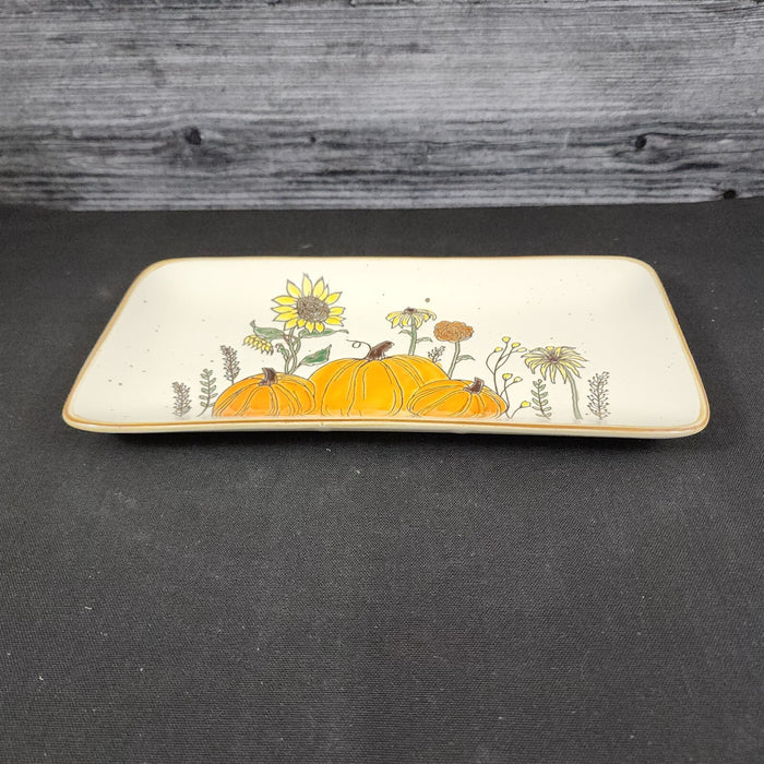 Pumpkin Sunflowers Serving Plate 10" Platter Blue Sky Tray Ceramic Embossed