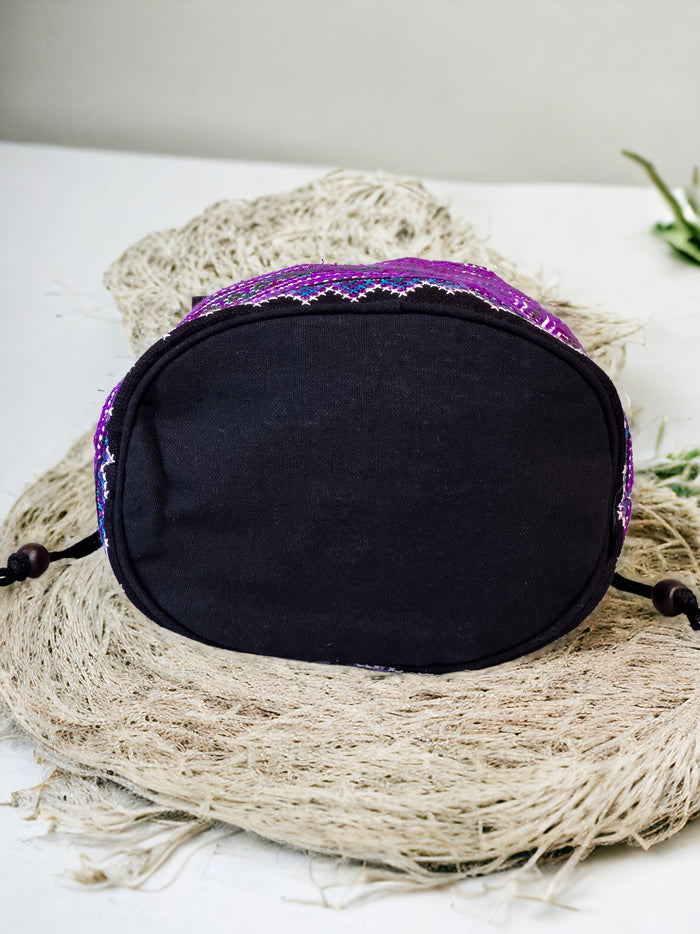 Purple embroidery shoulder bag with string to close