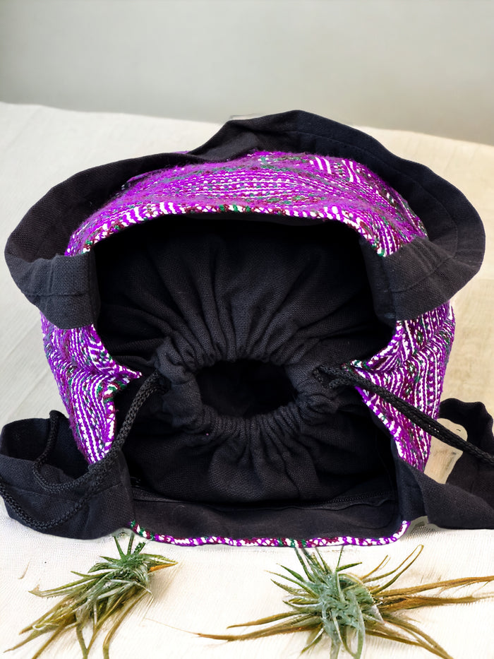 Purple embroidery shoulder bag with string to close