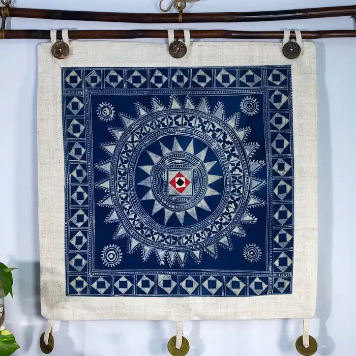 Vindigo indigo hemp batik square tapestry front view
