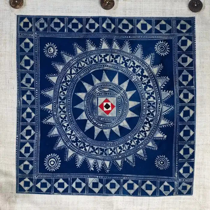 Vindigo indigo hemp batik square tapestry close-up pattern detail