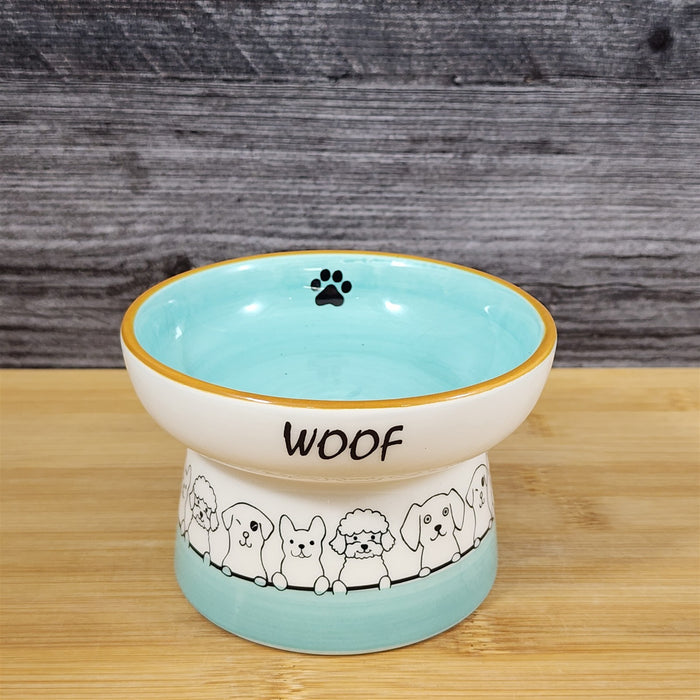 Raised Puppy Bowl Elevated Pedestal Food Water Dish Green White Ceramic Blue Sky