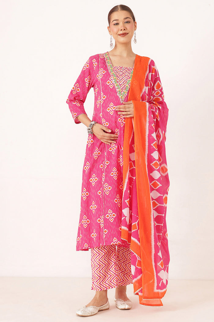 Rani Pink 100% Cotton Concealed Zip Feeding Maternity Kurta Set with Dupatta