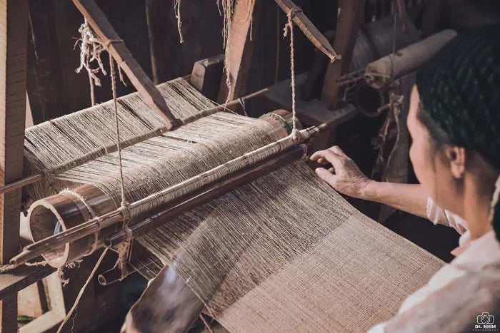 Vindigo traditional handloom weaving of turquoise hemp fabric