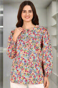 Red Floral Cotton Top; print offers style and comfortable fit for daily wear.