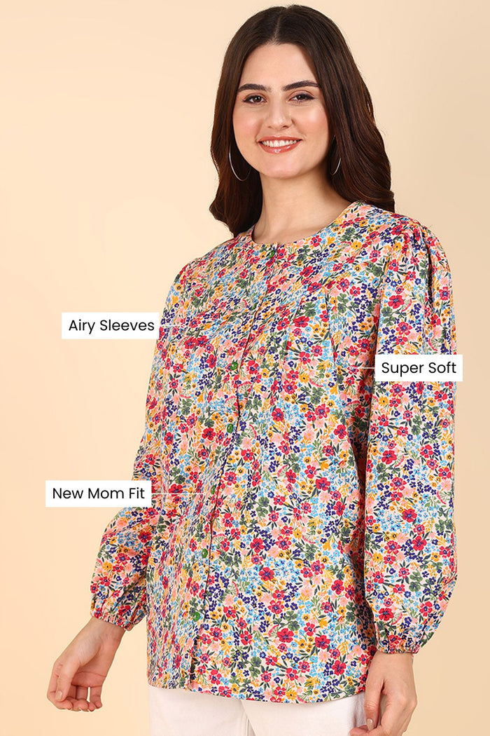 Red Floral Cotton Print; soft print enhances the garment design.