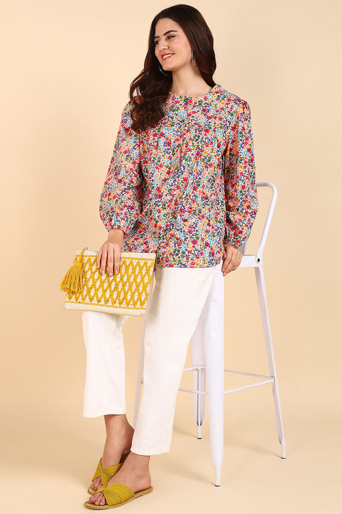 Red Floral Zipless Top; stretch neckline allows fast breastfeeding access.